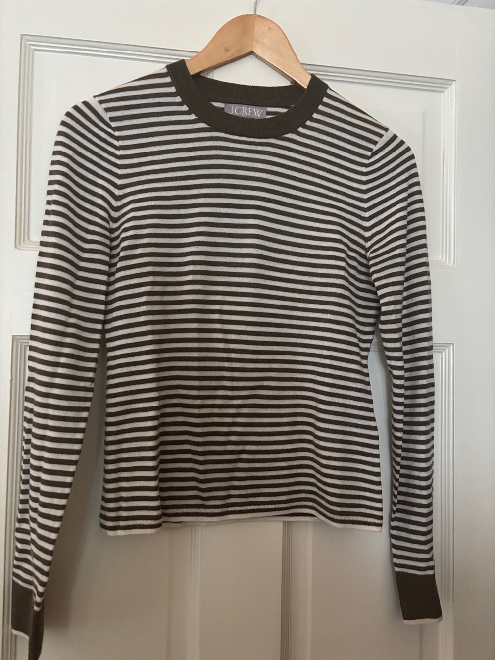 J. Crew Brown and White Striped Long Sleeve Crewneck Top with Contrast Trim